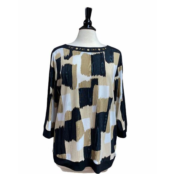 Alfred Dunner Black & Beige 3/4 Sleeve Jeweled  Blouse Size Small - Picture 1 of 6